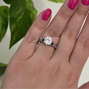 Sterling Silver Cubic Zirconia & Blue Sapphire Filigree Ring, Size 5.5
